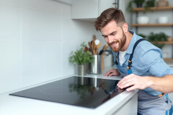 Electrician installing an induction cooktop